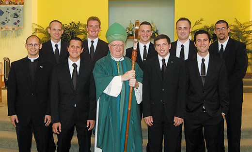 On Sunday, Aug. 9 at Christ the Redeemer Parish, Assumption Church in Atco, Bishop Dennis Sullivan accepted nine new seminarians for the Diocese of Camden who will begin studies this fall. In all, 19 seminarians for the diocese will be in formation this year, the largest number of men since 2000. The men with Bishop Sullivan, after the Mass of Acceptance, are, front row, Anthony Infanti, Steven Bertonazzi, Eric Gonnan, and Anthony McCullough; back row, John March, Stephen Robbins, Ryan Meehan, Christopher Myers, and Patrick Erdmann.

Photo by James A. McBride