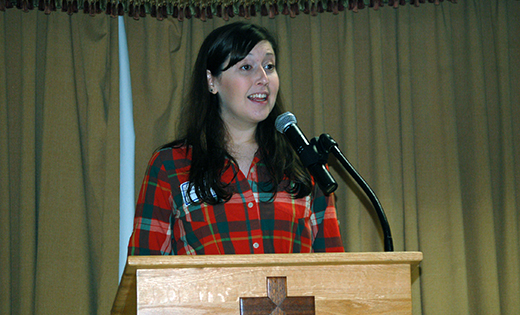 Kerry Weber, author of “Mercy in the City: How to Feed the Hungry, Give Drink to the Thirsty, Visit the Imprisoned, and Keep Your Day Job,” speaks at Saint Charles Borromeo Parish Hall, Sicklerville, on Oct. 10. The event was sponsored by the Camden Diocesan Office of Life and Justice.

Photo by James A. McBride