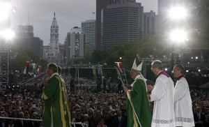 Pope Francis leaves in procession after celebrating the closing Mass of the VIII World Meeting of Families on Benjamin Franklin Parkway in Philadelphia Sept. 27. (CNS photo/Paul Haring) 