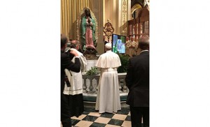 Pope Francis stands before a statue of Our Lady of Guadalupe sculpted by Steven Kilpatrick in the Cathedral Basilica of SS. Peter and Paul, Philadelphia. Kilpatrick is a member of Holy Angels Parish in Woodbury. Photo courtesy of Steve Kilpatrick