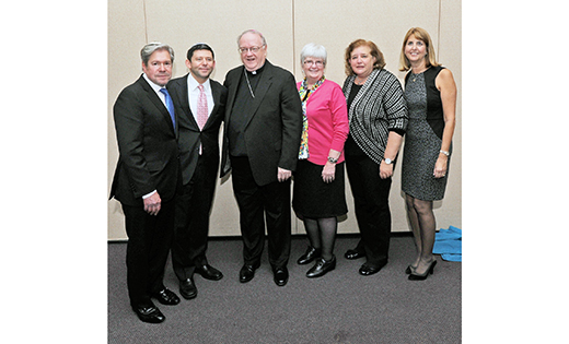 Bishop Dennis Sullivan at Temple Emanuel in Cherry Hill on Oct. 16, with Rabbi Jerome David; Rabbi Lawrence Sernovitz; Mary Boyle, superintendent of schools for the Diocese of Camden; Helen Kirschbaum, director of the Goodwin Holocaust Museum and Education Center; and Jessica Manelis, vice president of Communications at Temple Emanuel.

Photo by Alan M. Dumoff