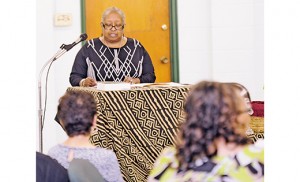 Sister Lynn Marie Ralph, SBS, director of religious education, St. Martin de Porres Church, Philadelphia, speaks at the Diocese of Camden’s Black Catholic Ministries day of reflection Nov. 7 at St. Bridget Hall, Glassboro. Photo by Alan M. Dumoff