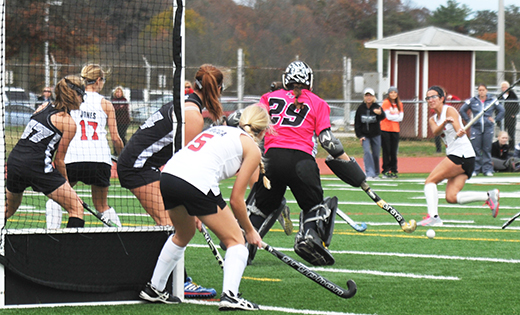 In the South Jersey Non-Public championship game for high school girls’ field hockey, held on Nov. 11 in Bridgeton, Bishop Eustace (Pennsauken) defeated Saint Joseph (Hammonton) by a score of 9-2. In the non-public state championship three days later, the Crusaders lost to Oak Knoll 4-2. At left, the Wildcats mount an attack in the Crusaders’ zone.

Photo by Alan M. Dumoff