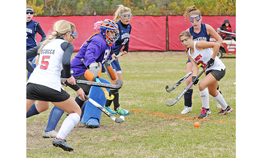 In high school field hockey, Saint Joseph (Hammonton) defeated visiting Holy Spirit (Absecon) 3-0 on Oct. 27. Above, Holy Spirit goalie Rachel Migone blocks the shot of Carlina Sacco (2).

Photo by Alan M. Dumoff