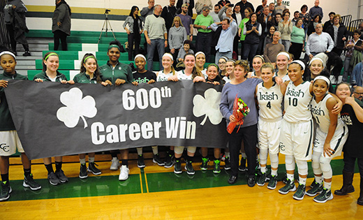 Camden Catholic’s 58-37 win against Shawnee in high school girls’ basketball on Dec. 18 was special for coach Christine Palladino. The coach of the Irish notched her 600th victory that night, becoming only the second coach in South Jersey high school girls’ basketball history to reach that milestone. Currently, Palladino’s record sits at 601-230, as her squad defeated Cherokee 47-40 last Monday.

Photo by Alan M. Dumoff