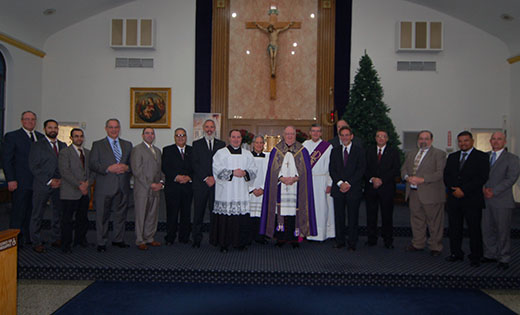 On Dec. 15 at Our Lady of Peace Parish’s Saint Mary Church in Williamstown, Bishop Dennis Sullivan celebrated Evening Prayer and the Call to Candidacy for Holy Orders to the Permanent Diaconate, with 13 men. With Bishop Sullivan; Father James Bartoloma, chancellor; Father Cadmus Mazzarella, pastor; and Deacon Michael Carter, director of Formation for the Permanent Diaconate, are the new deacon candidates Philip Curran, from Church of the Holy Family, Sewell; Charles Dillin, Our Lady of Peace; Robert Dooley, Jr., Our Lady of the Angels, Cape May Court House; Tobias Haley, Saints Peter and Paul, Turnersville; Oscar Hernandez, Our Lady of Guadalupe, Lindenwold; Joseph Janocha, Our Lady of Peace; Dean Johnson, Mary, Mother of Mercy, Glassboro; George Paladino, Our Lady of the Blessed Sacrament, Newfield; Edwin Santos, Holy Eucharist, Cherry Hill; Charles Schiapelli, Christ the Good Shepherd, Vineland; Samuel Spoto, Saint Claire of Assisi, Gibbstown; Michael Vitarelli, Christ the Redeemer, Atco; and James Willis, Saint Gabriel the Archangel, Carneys Point.

Photo by James A. McBride