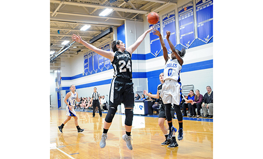 In high school girls’ basketball action on Jan. 5, the visiting Bishop Eustace Crusaders (Pennsauken) defeated the Paul VI Eagles by a score of 53-30, in Haddon Township. Above, the Eagles’ Naomi Shorts tries to get off a shot against the Crusaders’ Alexis Santarelli.

Photo by Alan M. Dumoff, http://ccdphotolibrary.smugmug.com