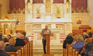Retired Auxiliary Bishop Thomas J. Gumbleton of Detroit speaks at Sacred Heart Church, Camden, Feb. 13 at a program entitled “Peace and Planet: Imperatives for the 21st Century.” Bishop Gumbleton was founding president of Pax Christi USA, the U.S. branch of the international Catholic peace movement. He is also a former president of Bread for the World, an interfaith organization that fights world hunger through research, education and advocacy. An early advocate of nuclear disarmament, Bishop Gumbleton was a member of the committee that drafted the U.S. bishops’ landmark 1983 pastoral letter, “The Challenge of Peace: God's Promise and Our Response.” He is a regular contributor to National Catholic Reporter. Photo by Alan M. Dumoff, more photos ccdphotolibrary.smugmug.com