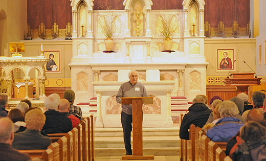 Retired Auxiliary Bishop Thomas J. Gumbleton of Detroit speaks at Sacred Heart Church, Camden, Feb. 13 at a program entitled “Peace and Planet: Imperatives for the 21st Century.” Bishop Gumbleton was founding president of Pax Christi USA, the U.S. branch of the international Catholic peace movement. He is also a former president of Bread for the World, an interfaith organization that fights world hunger through research, education and advocacy. An early advocate of nuclear disarmament, Bishop Gumbleton was a member of the committee that drafted the U.S. bishops’ landmark 1983 pastoral letter, “The Challenge of Peace: God's Promise and Our Response.” He is a regular contributor to National Catholic Reporter.

Photo by Alan M. Dumoff, more photos ccdphotolibrary.smugmug.com