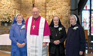 Bishop Dennis Sullivan, with men and women religious from throughout the Diocese of Camden, closed out the Year for Consecrated Life last Sunday, in a liturgy at Church of the Holy Family in Sewell.  In addition, religious jubilarians were honored for their service and dedication to the diocese.  Clockwise from top photo: Bishop Sullivan with women religious celebrating 60 years: Sr. Miriam Maloney, FDNSC; Sr. Philomena Leahy, FNDSC; and Sr. Teofila Mozden, LSIC; Bishop with Sr. Norma Nunez, SOM, celebrating her 25th year; and Bishop and the 50th year jubilarians: Sr. Armida Fabela, MDPVM; Sr. Marianne Hieb, RSM; and Sister Lisa Piccinino, IHM.  Not pictured are Sr. Mary Ann Liddy, RSM, and Sr. Zofia Sikora, LSIC, both celebrating 60 years of service. Photos by James A. McBride