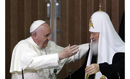 Pope Francis prepares to embrace Russian Orthodox Patriarch Kirill of Moscow after the leaders signed a joint declaration during a meeting at Jose Marti International Airport in Havana Feb. 12.
(CNS photo/Paul Haring)