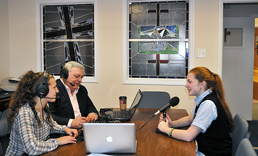 St. Mary School, Williamstown, eighth grade student Emma Straus was recently interviewed by Domestic Church Media for the radio show TGIFriday LIVE with hosts Jim Manfredonia and Gabriella Furmato. Emma talked about her Catholic faith and how her years in Catholic School helped to form her spiritual life. Emma’s interview will be heard locally on Friday, April 29 at 4:15 p.m. on WGYM 1580 AM as well as on the app Domestic Church Media. Pictured are radio hosts Gabriella Furmato and Jim Manfredonia and Emma.