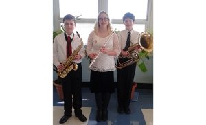 Three area students represented the Camden Diocese in the All South Jersey Junior High Honor Band. Sponsored by the New Jersey Music Educators Association, the auditioned ensemble featured, from left, Aidan McKeon (Our Lady of Mt. Carmel School, Berlin), Audrey Sepanic (Saint Rose of Lima, Haddon Heights) and Max Millenbach (Our Lady of Mt. Carmel).