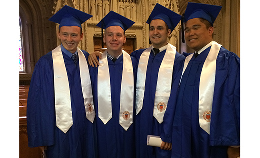 Four seminarians of the Diocese of Camden — Peter Gallagher, Henry Laigaie, Paul Abbruscato and Carlo Santa Teresa — graduated from Seton Hall University, South Orange, N.J., on May 16. Gallagher was the valedictorian for the School of Theology and salutatorian for the entire graduating class.