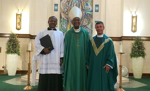 Cardinal Chibly Langlois of Haiti with Msgr. Serge Chadic and Father Joseph Wallace, pastor of Notre Dame de La Mer Parish, after His Eminence celebrated Mass at the Wildwood parish last Saturday.