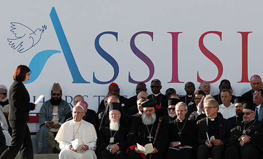 Pope Francis and other religious leaders attend an interfaith peace gathering outside the Basilica of Saint Francis in Assisi, Italy, Sept. 20. The pope and other religious leaders participated in the event that marked the 30th anniversary of Saint John Paul II’s Assisi interfaith peace gathering.

CNS photo/Paul Haring