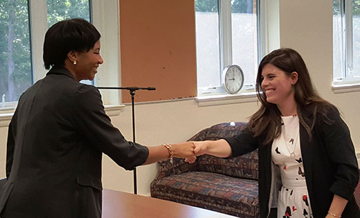 Our Lady of Mercy Academy held a morning of mock interviews with the help of five recruiting professionals who volunteered their time. Pictured are Brittany Himes of National Freight Industries greeting OLMA senior, Olivia Marrone. Other interviewers included Antoinette Finizio, Premier Orthopaedic Associates; Robert McCormick, Toyota-Scion of Vineland; Kevin Burke, Saint Augustine Prep; and Margaret Durham, Dutra Sheet Metal. Earlier in the week, juniors and seniors participated in a workshop featuring two recruiting professionals from Johnson Matthew, a Global Chemical Manufacturing company based out of the U.K. The instructors provided information on interviewing, including how to
prepare a resume.