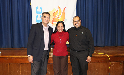 Speakers for the weekend were Andres Arango, left, Director of Evangelization and the Bishop’s Delegate for Hispanic Ministry, and Deacon Santiago Guerrero of Las Vegas, Spiritual Director of the Hispanic Renewal in the Pacific Region of the U.S. They are pictured with Paraguayan songwriter Silvia Mariella.