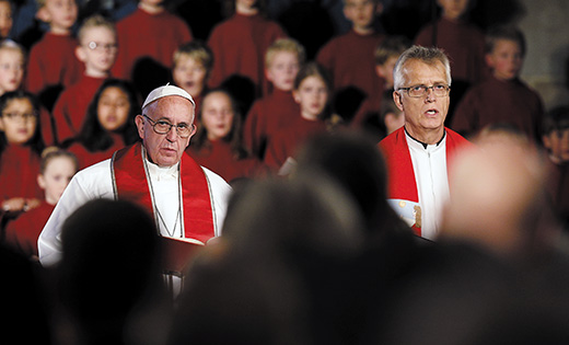 Pope Francis and the Rev. Martin Junge, general secretary of the Lutheran World Federation, attend an ecumenical prayer service at the Lutheran cathedral in Lund, Sweden, Oct. 31.

CNS photo/Paul Haring