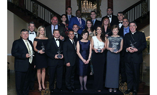 Paul VI High School, Haddon Township, celebrated its 50th Anniversary and Hall of Fame Induction with the Blue and White Gala on Oct. 15, at Lucien’s Manor in Berlin. At the gala, eight individuals, one family and one athletic team were honored for their outstanding contributions to both Paul VI and the larger community. On the far right is Bishop James F. Checchio of Metuchen, Class of 1984, who was honored for Lifetime Service to the Catholic Church.