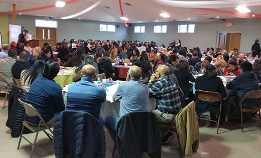 Hispanic parish leaders listen to Andres Arango, Bishop’s Delegate for Hispanic Ministry in the Diocese of Camden, speak during a gathering in preparation for V Encuentro.

Los líderes parroquiales hispanos escuchan a Andrés Arango, Delegado del Obispo para el Ministerio Hispano en la Diócesis de Camden, durante una reunión en preparación para el V Encuentro.