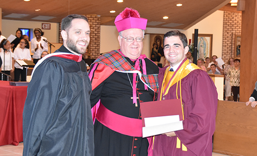 Bishop Dennis Sullivan stands with Father Kevin Mohan, Director of Catholic Identity at Gloucester Catholic High School, and Danny O’Shea, recipient of the Bishop Dennis Sullivan Award.

Photo by James A. McBride