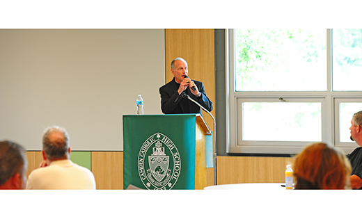 Father Rob Hagan, the Villanova University chaplain of the Wildcats’ basketball team, speaks at Camden Catholic High School’s Irish Athletic Communion breakfast Sept.17 in Cherry Hill. Following Mass, Father Hagan, who is also assistant athletic director at Villanova, shared thoughts on faith, teamwork, persistence and being on the court for the Wildcats’ 2016 NCAA National Championship.

Photo by Alan M. Dumoff