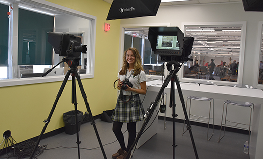 Senior Angela Ebbert in the Cherry Hill school’s new television studio, which she will put to good use as a CCTV anchor.

Photos by James A. McBride