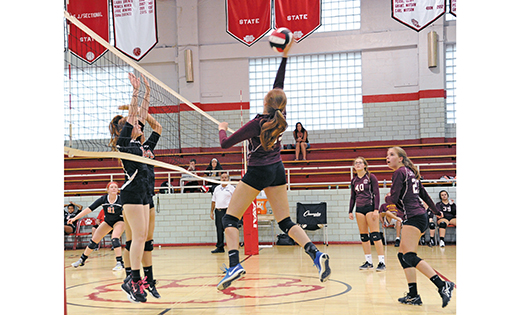 In high school girls’ volleyball, the Saint Joseph Wildcats defeated the visiting Gloucester Catholic Rams in Hammonton 2-0 on Sept. 21. Above, the Rams’ Serena Pluta takes to the sky to get one over the net.
Photo by Alan M. Dumoff