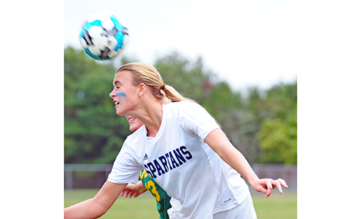 In girls’ high school soccer action last week, Holy Spirit beat visiting Our Lady of Mercy Academy (Newfield) 2-1 in Absecon. Above, Holy Spirit’s Delaney Crawford uses her head to help her team.

Photo by Alan M. Dumoff
