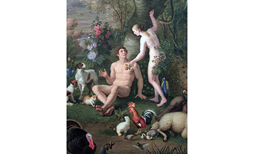 This is a detail of a painting of Adam and Eve by Peter Wenzel that is displayed in the Pinacoteca at the Vatican Museums. Adam named the animals in the garden.

CNS photo/Nancy Wiechec