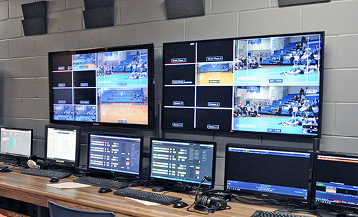 A former biology lab at Paul VI High School, Haddonfield, is a studio of sorts, complete with green screen, computers, monitors, headsets, microphones, wires and camera equipment.

Photo by Alan M. Dumoff