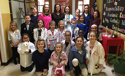 Catholic Schools Week in the Diocese of Camden and throughout the United States is being celebrated with open houses, special liturgies, activities, guest speakers and in other ways. Above, future doctors, lawyers, singers, actors, police officers, athletes, veterinarians and a railroad engineer were among the professionals walking the halls of Saint Teresa in Runnemede on Jan. 30. Students dressed the part of their dream career and wrote about why they aspire to their chosen profession and what it means to them.