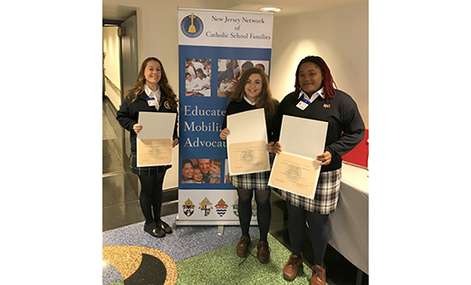 Two 30-second videos from South Jersey Catholic Schools were chosen for display at the State House in Trenton. Pictured, from left, are producers Courtney Randik from Holy Spirit High School, Absecon, and the team of Sophia DiCapua and Elisabeth Martin from Paul VI High School, Haddonfield.