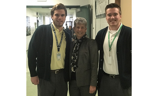Vice Admiral (retired) Nanette DeRenzi, who graduated from Camden Catholic High School in Cherry Hill in 1979, visited the school on Jan. 30. She was the 42nd Judge Advocate General (JAG) of the Navy, serving as principal military legal counsel to the Secretary of the Navy and Chief of Naval Operations, and the Department of Defense Representative for Ocean Policy Affairs. As the JAG, she led the 2,300 attorneys, enlisted paralegals, and civilian employees of the worldwide Navy JAG Corps community. She credits the Camden Catholic faculty with giving her the confidence to pursue her career as a Naval attorney. She is pictured with seniors Joe Keller and Dean Cahill. Each has an interest in serving in the Navy.