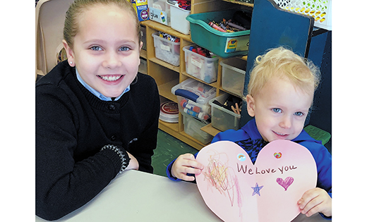 Second grade and preschool students at Guardian Angels, Gibbstown, teamed up to make valentines for local nursing home residents.