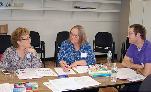 Rose Iacovone of Saints Peter and Paul Parish, Turnersville, Dot Reynolds of Our Lady of the Lakes, Collings Lakes, and Jeffrey Kremer, University of Notre Dame ECHO apprentice from Mary, Mother of Mercy, Glassboro, discuss results from the diocese’s survey on youth and young adults.

Photo by Peter G. Sánchez