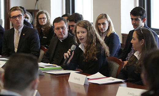 Students met with Bishop Dennis Sullivan March 1 to discuss gun violence in schools. They represented the nine Catholic secondary schools in the Diocese of Camden. They were asked in advance to begin the meeting with a brief reflection following the Parkland shooting. Following are excerpts from their opening statements.
Photo by Mike Walsh