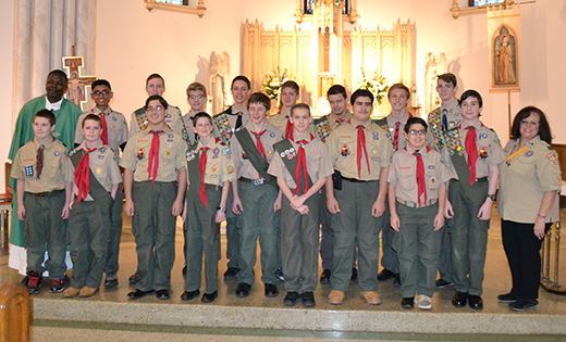 Scouts were recognized recently by the Catholic community of Saint Joseph Church, Saint Clare of Assisi Parish, Gibbstown.