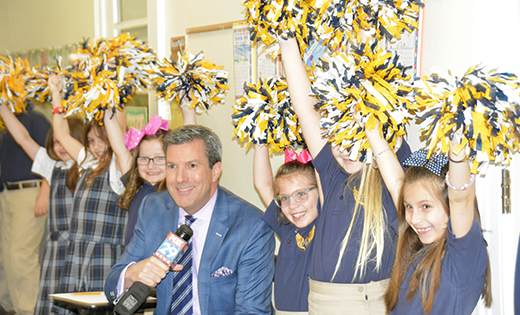 Photo by James A. McBride
— Woodbury’s Holy Angels Elementary School was featured last Tuesday morning on “Kelly’s Classroom,” a television program airing on Fox 29’s “Good Day Philadelphia.” Bob Kelly, the station’s traffic anchor, met the students as they made their live TV closeup for the Delaware Valley’s viewers.