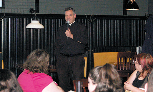 — Father Charles Colozzi was the featured guest at last week’s “Theology on Tap” young adult discussion series, held at P.J. Whelihan’s in Washington Township. The pastor of Saint Gabriel the Archangel Parish, Carneys Point, Father Colozzi’s informative and song-filled presentation focused on “The Virgin Mary — the real Wonder Woman.”
Photo by Peter G.  Sánchez