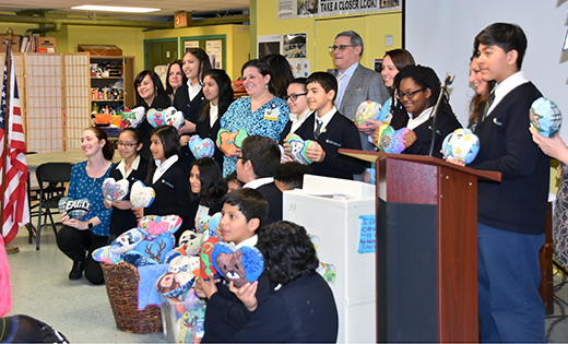 — Camden’s Saint Anthony of Padua School students recently presented handmade “Heart Hug” pillows to representatives of Cooper University Hospital, to be given to the medical center’s hospitalized children. The 6th-8th graders at the school have been handmaking the unique pillows for sick children for a number of years, and chose Cooper’s residents to be this year’s recipients.
Photo by James A. McBride