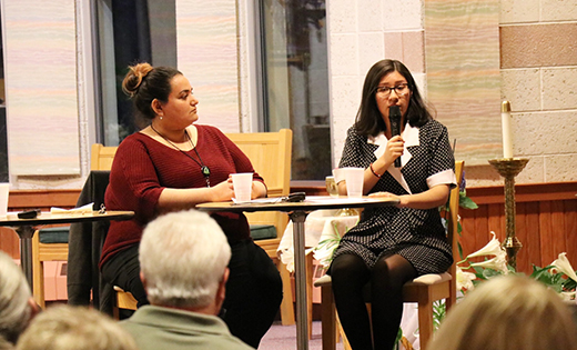 Photo by Mary McCusker

Sara Aljanabi, left, an Iraqi refugee and case manager at Catholic Charities, and Monica Perez-Reyes, a DACA Dreamer and Camden resident, share their migration stories at the Catholic Community of the Holy Spirit, Mullica Hill.