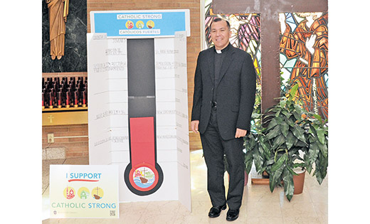 Father Joel Arciga Camarillo is pastor of Divine Mercy Parish in Vineland, which has already raised more than half of its goal. Below, Father Ariel Hernandez, pastor of Our Lady of the Blessed Sacrament Parish, Vineland, is pictured with Catholic Strong volunteers Joseph Biegalski, Joseph Gentilini and Diane and George Paladino. Almost 50 percent of the gifts received so far have been for the full ask amount of the pledge.

Photos by Alan M. Dumoff