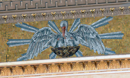 Photo by James A. McBride

An image of a pelican and its offspring is seen in the chapel of Our Lady of Lourdes Medical Center, Camden. The bird has been used in art as a symbol for Christ because of the myth that it would pierce its own breast to feed its young with its blood.