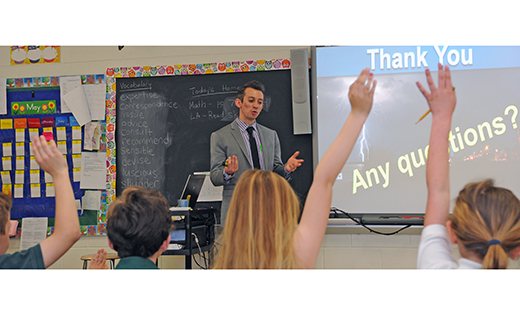 Joe Martucci, The Press of Atlantic City’s meteorologist, takes questions during a presentation to the third grade class at Bishop McHugh Regional Catholic School, Cape May Court House, on May 3.