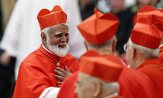 New Cardinal Joseph Coutts of Karachi, Pakistan, greets fellow cardinals during a consistory at which Pope Francis created 14 new cardinals in Saint Peter’s Basilica at the Vatican June 28.

(CNS photo/Paul Haring)
