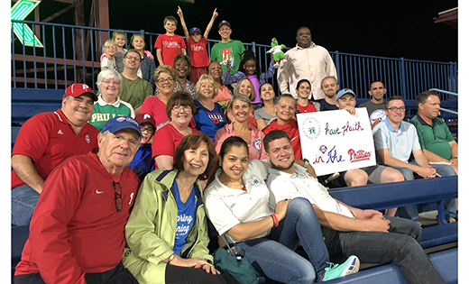 Stormy skies gave way to a perfect night at the Phillies with families, faculty and friends of South Jersey Catholic Schools. Pictured are several of the fans who made the trek from as near as Camden and as far as Cape May Courthouse. The Phillies did not disappoint, with a 5-2 win over the New York Mets.