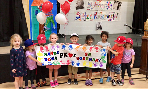 Pre-K students at Bishop McHugh Regional School, Cape May Court House, show their appreciation for Sister Rosemary Powers.