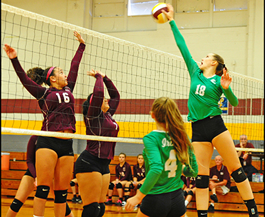 Camden Catholic’s Gillian Kenney (18) spikes the ball in the Cherry Hill team’s 2-1 victory over Gloucester Catholic in Gloucester City on Oct. 4.


Photo by Alan M. Dumoff